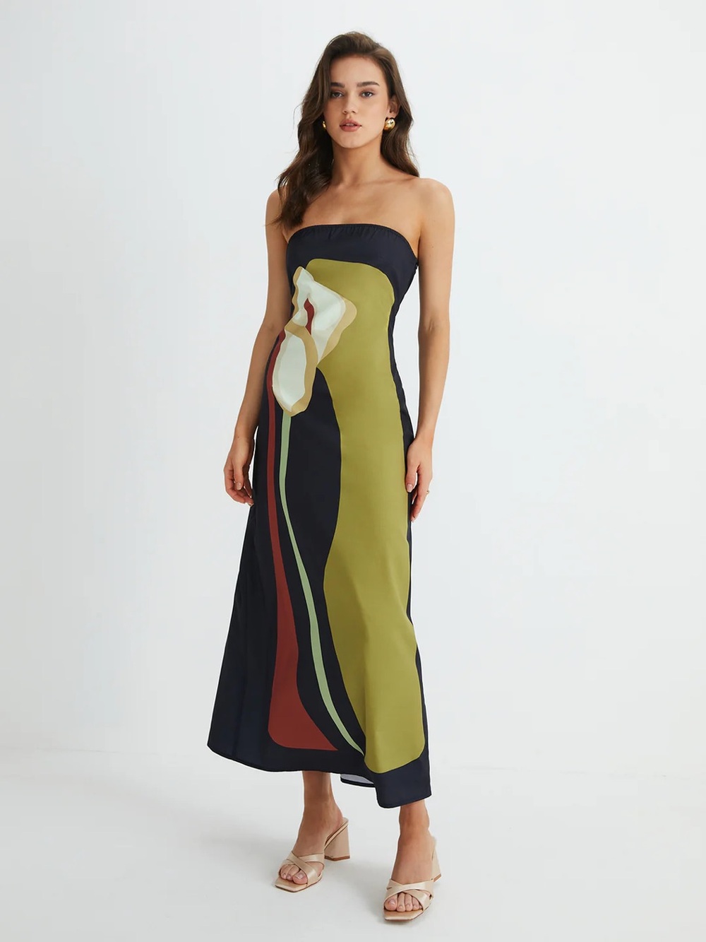 Commense Strapless Olive and Black Abstract Floral Maxi Dress